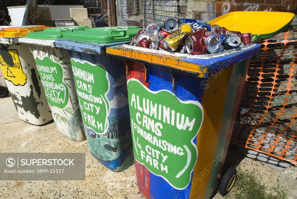 Recycling bins - aluminium cans, in farmyard, City farm, Perth, Western Australia . 