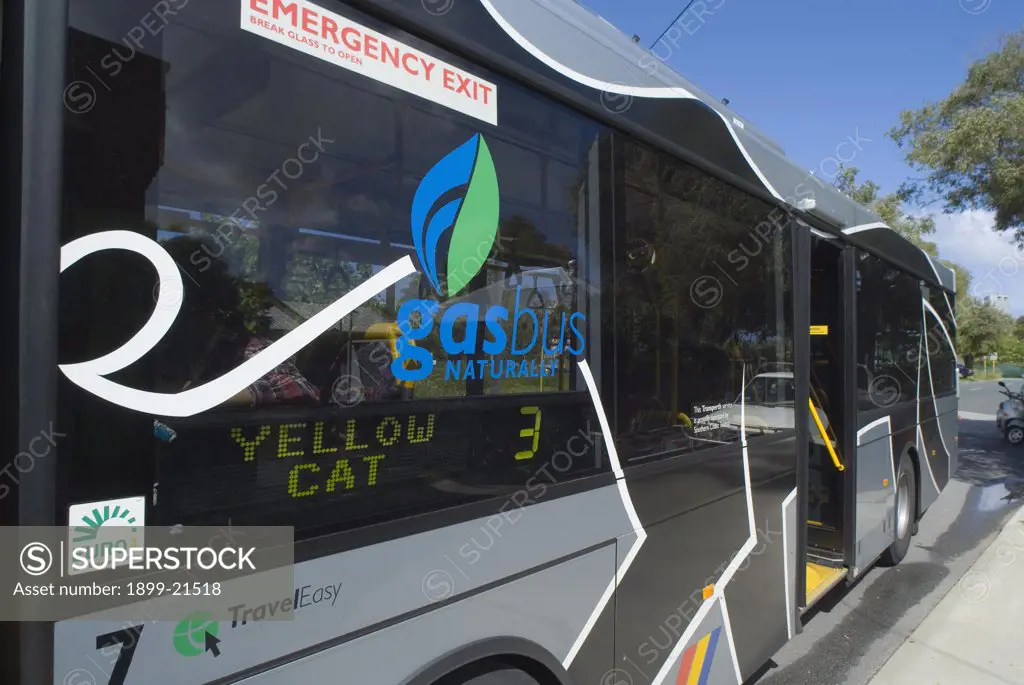 Natural compressed gas-powered bus, Australia. Natural compressed gas-powered 'cat' bus (cat= central area transit) providing free public transport - Perth, Western Australia 