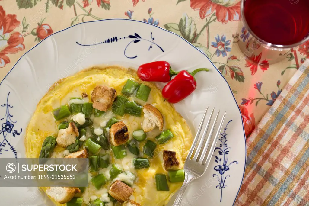 Frittata with bread cubes and asparagus. 