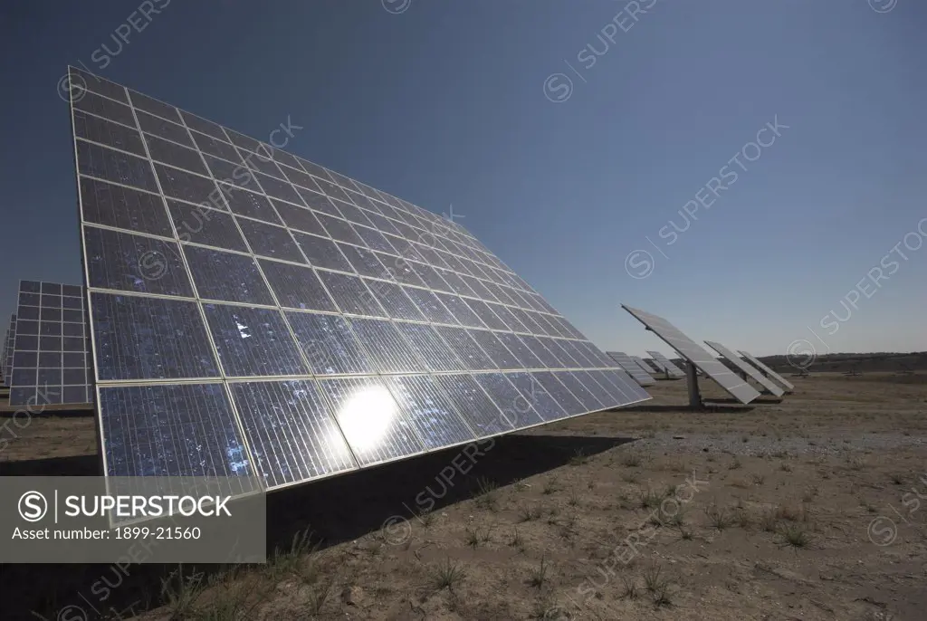 Worlds largest solar power plant at Moura, Portugal. . With 2520 tilting panels which track sun through 240 degrees, produces 45 MW (megawatts) electricity each year, powering 30,000 homes