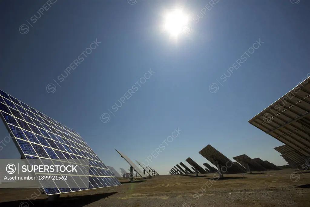 Worlds largest solar power plant at Moura, Portugal. . With 2520 tilting panels which track sun through 240 degrees, produces 45 MW (megawatts) electricity each year, powering 30,000 homes