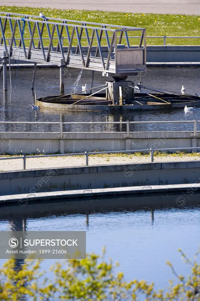 Sewage treatment plant, Denmark. Settlement tanks where activated sludge is removed by settlement and the purified effluent passes over weirs to an outfall.