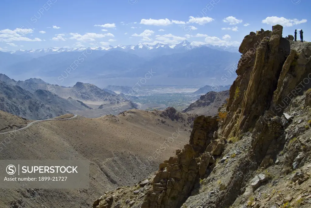 View from world's highest motorable road to Indus valley & snow capped Stok-Kangri massif (Zanskar range). Khardung la road, near Leh, Ladakh, Jammu&Kashmir, Himalayas, India. 