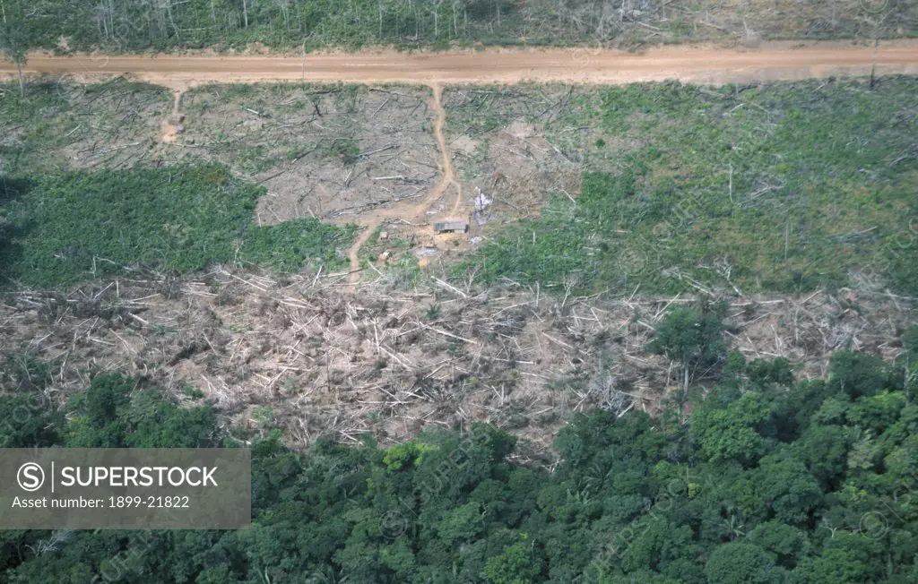 BRAZIL Amazon. Aerial view over heavily deforested Amazon rainforest showing new roadways. . 