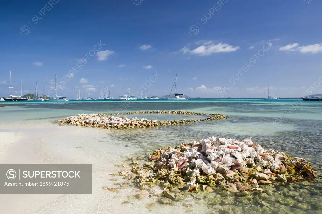 WEST INDIES St Vincent & The Grenadines Union Island Conch shell structures on the beach at Clifton Harbour with yachts moored behind..   