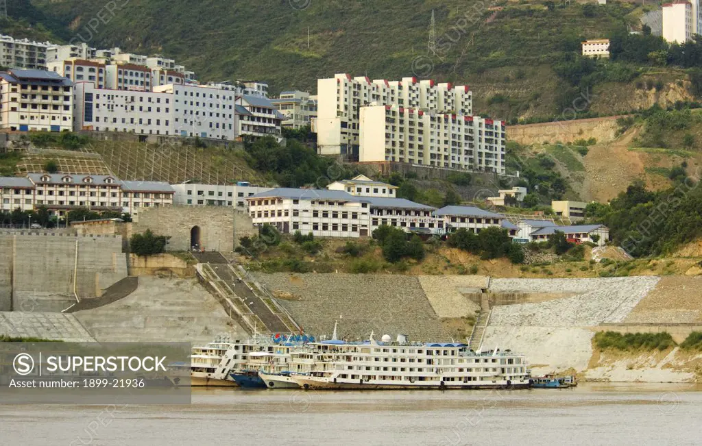 CHINA Chongqing Wanxian. Reinforced Yangtze embankments at the new town of Wanxian to protect against increased water levels and landslides - the old town has already been submerged by the Three Gorges Dam project.. 