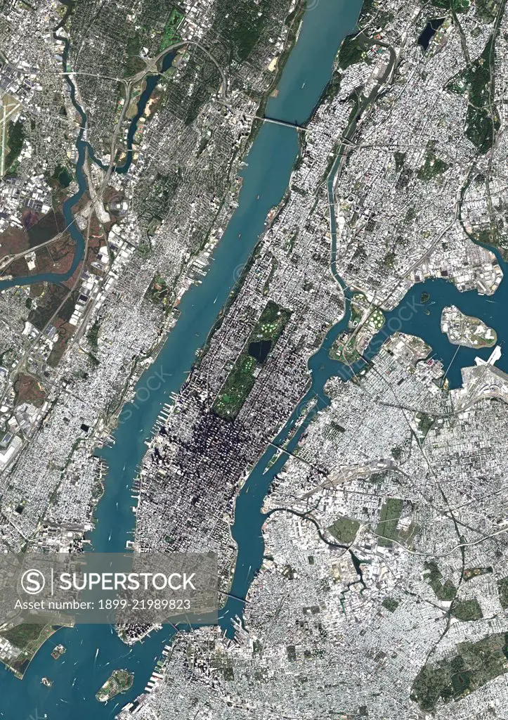 Color satellite image of Manhattan, New York City, New York State, United States. Manhattan is one borough of New York City. It is bound by Hudson River to the west, Harlem River to the north, and East River to the east. Central Park is in the center. Image collected on October 20, 2017 by Sentinel-2 satellites.