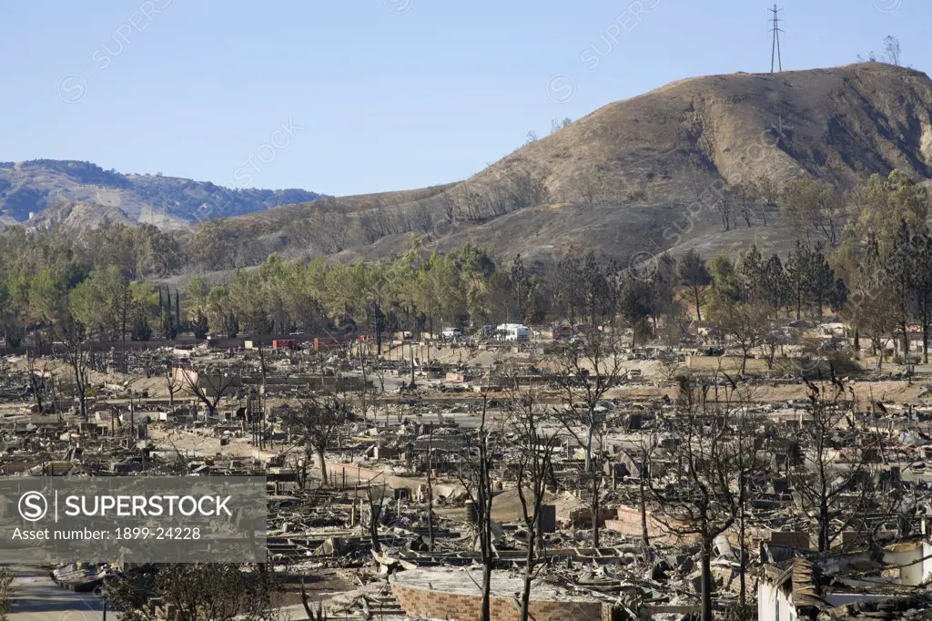 Oakridge Trailer Park devastated after Sylmar Wildfire in November 2008, California, USA. 
