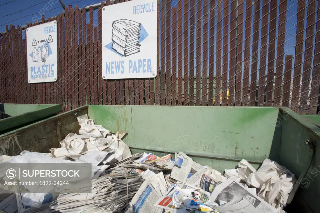 Recycling bin for newspapers at Santa Monica Recycling Center, Los Angeles County, California, USA. 