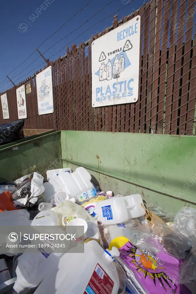 Recycling bin for plastics at Santa Monica Recycling Center, Los Angeles County, California, USA. 