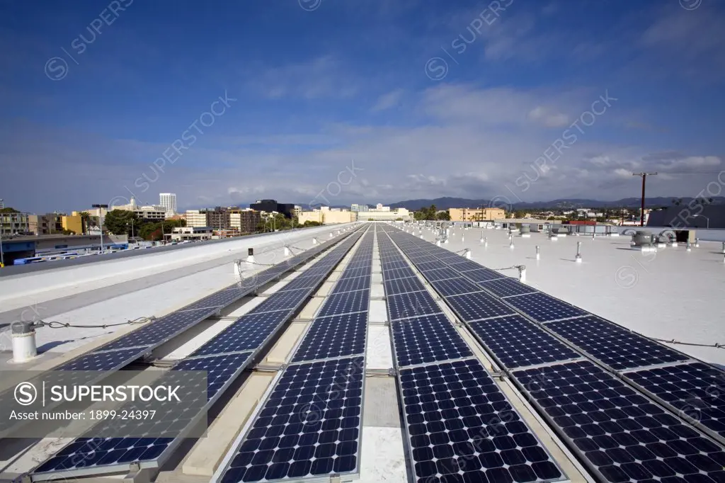 Solar Array at Big Blue Bus Terminal. 82 Kilowatt Solar Array on roof of Big Blue Bus Terminal, Santa Monica, California, USA