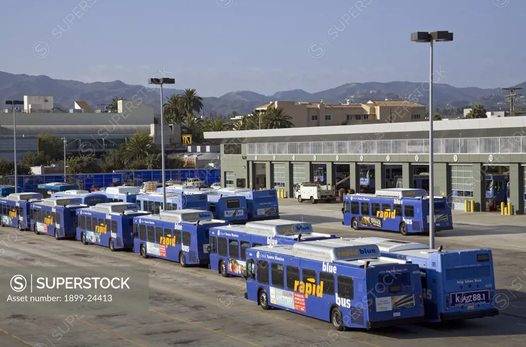 Big Blue Bus Terminal. Big Blue Bus Terminal, buses powered by Liquified Natural Gas (LNG). Santa Monica, Los Angeles, California, USA
