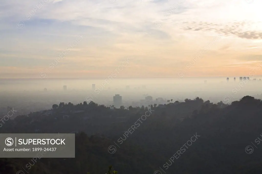 Hollywood Hills with Smog and Fog. Hollywood Hills with Smog and Fog, Los Angeles, California, USA