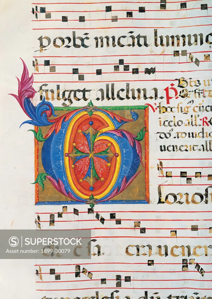 Day and night Antiphonary from Holy Saturday to the 10th Sunday after Pentecost, by Anonymous Sienese painter, 15th Century, illuminated manuscript. Italy, Tuscany, Siena, Osservanza Basilica. Detail. Gloriosus illuminated page score notes music chant plant volutes square initial letter incipit: beginning prayer blue red yellow green.