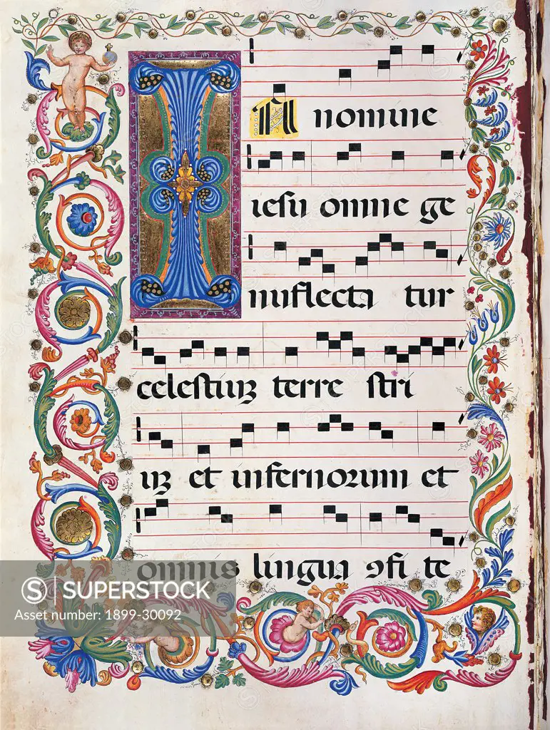 Proprio dei Santi gradual from the Feast of the Holy Name of Jesus to the Feast of San Leonardo da Porto Maurizio, by Anonymous Sienese painter, 19th Century, illuminated manuscript. Italy, Tuscany, Siena, Osservanza basilica. Whole artwork. In nomine illuminated page score notes text verses prayer chant incipit: beginning initial letter decoration rinceaux plant volutes blue red yellow green.