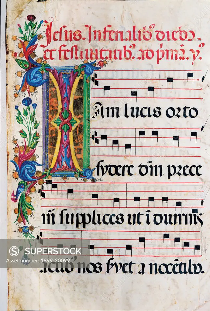 Psalter with weekday holiday day Hymns according to the Roman Curia tradition, by Anonymous Sienese painter, 15th Century, illuminated manuscript. Italy, Tuscany, Siena, Osservanza basilica. Whole artwork. Iam- illuminated page verses psalms prayer incipit: beginning initial letter plant volutes rinceaux blue yellow green red black white.
