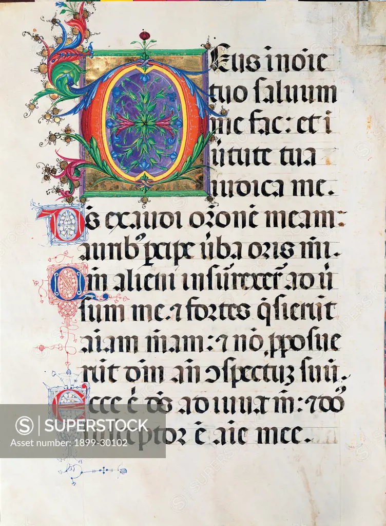 Psalter with weekday holiday day Hymns according to the Roman Curia tradition, by Anonymous Sienese painter, 15th Century, illuminated manuscript. Italy, Tuscany, Siena, Osservanza basilica. Whole artwork. Deus- illuminated page verses psalms prayer incipit: beginning initial letter plant volutes rinceaux blue yellow green red black white.