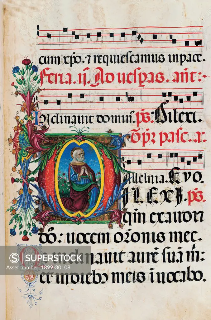 Psalter with weekday holiday day Hymns according to the Roman Curia tradition, by Anonymous Sienese painter, 15th Century, illuminated manuscript. Italy, Tuscany, Siena, Osservanza basilica. Detail. Prophet- illuminated page verses psalms prayer incipit: beginning initial letter square beard man prophet halo: aureole scroll plant volutes rinceaux blue yellow green red black white.