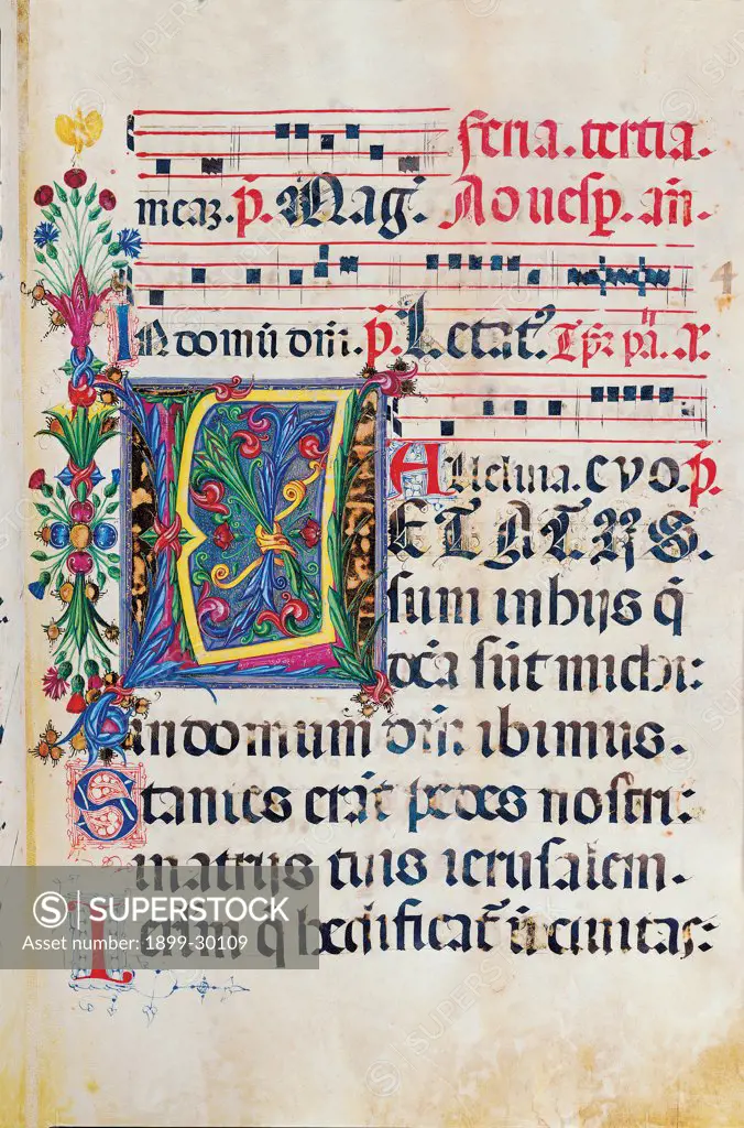 Psalter with weekday holiday day Hymns according to the Roman Curia tradition, by Anonymous Sienese painter, 15th Century, illuminated manuscript. Italy, Tuscany, Siena, Osservanza basilica. Whole artwork. Letatus- illuminated page verses psalms prayer incipit: beginning initial letter plant volutes rinceaux blue yellow green red black white.