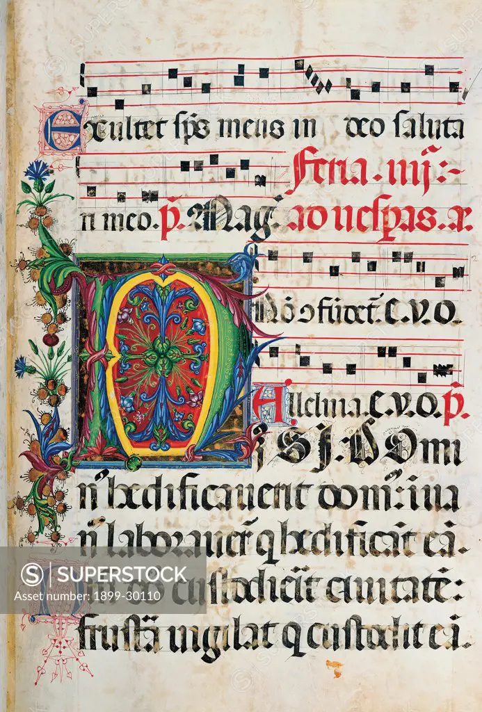 Psalter with weekday holiday day Hymns according to the Roman Curia tradition, by Anonymous Sienese painter, 15th Century, illuminated manuscript. Italy, Tuscany, Siena, Osservanza basilica. Whole artwork. Nisi- illuminated page verses psalms prayer incipit: beginning initial letter plant volutes rinceaux blue yellow green red black white.