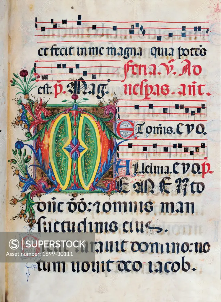 Psalter with weekday holiday day Hymns according to the Roman Curia tradition, by Anonymous Sienese painter, 15th Century, illuminated manuscript. Italy, Tuscany, Siena, Osservanza basilica. Whole artwork. Memento- illuminated page verses psalms prayer incipit: beginning initial letter plant volutes rinceaux blue yellow green red black white.