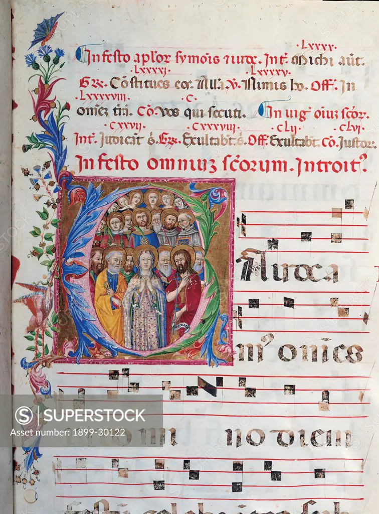 Proprio dei Santi gradual from St Andrew Apostle Eve to the Feast of pope Clement and Comune dei Santi gradual from an Apostle Eve to the dedication of the church, by Anonymous Sienese painter, 15th Century, illuminated manuscript. Italy, Tuscany, Siena, Osservanza basilica. Detail. All Saints illuminated page score notes music chant plant volutes square vision saints Virgin Mary Madonna apostles martyrs palm halos: aureoles prayer blue red yellow green.