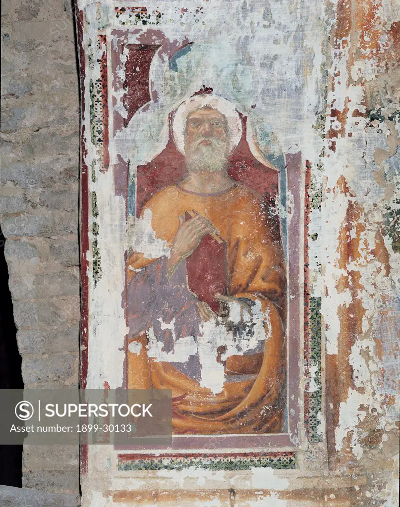 St Mark, by Vincioli Jacopo, 16th Century, fresco torn down. Italy, Umbria, Poggiodomo, Perugia, San Pietro church. Detail. Fresco St Mark red orange clothes: dress book attribute.