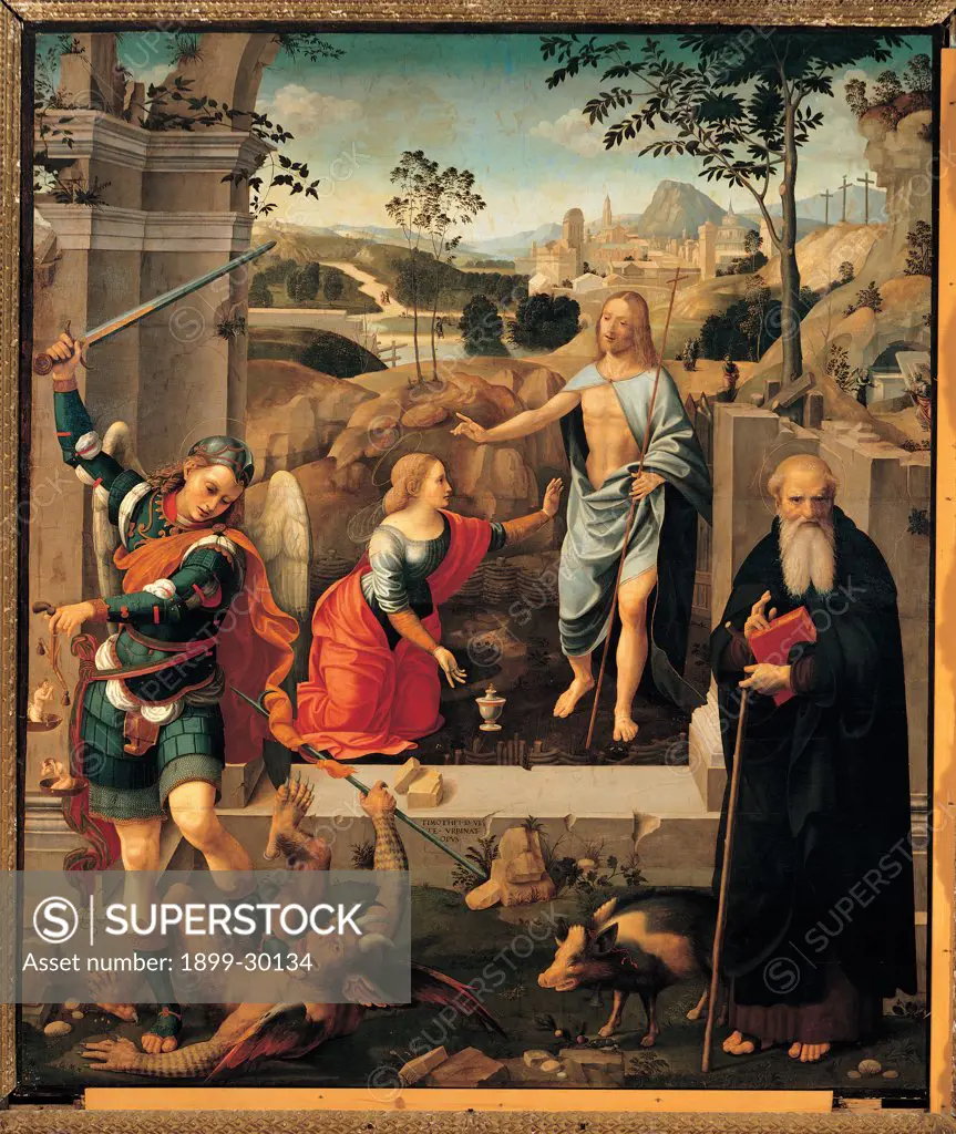 Christ appearing to Mary Magdalene, St Michael Archangel and St Anthony Abbot (Noli Me Tangere), by Viti Timoteo, 1512 - 1519, 16th Century, Tavola. Italy, Marche, Cagli, Pesaro, Urbino, Sant'Angelo Minore church. Whole artwork. Holy scene ruins architectural structure arch archangel Michael St Anthony Abbot Mary Magdalene risen Christ incredulity small vase ointments Resurrection winged saint armor sword devil pilgrim habit: tunic stick.