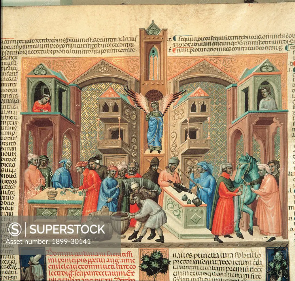 Digestum vetus, by Master of 1328, 14th Century, illuminated manuscript. Italy, Piemonte, Turin, National Library. Detail. Folio 91. A medieval town market illuminated page text square illustration: picture men small figures market stalls barrels wine seller scales sale merchants buyers horse angel houses square architectures build.