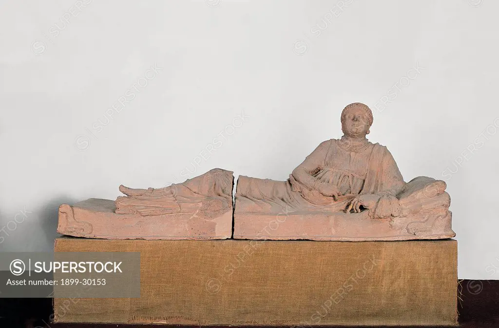 Clay Sarcophagus so-called 'of the mother-in-law' - Tuscania, by Unknown, 3rd Century, terracotta . Italy, Lazio, Rome, Villa Giulia National Museum. Whole artwork. Clay sarcophagus female figure reclining triclinium pulvinum tunic paludamentum realistic face portrait.