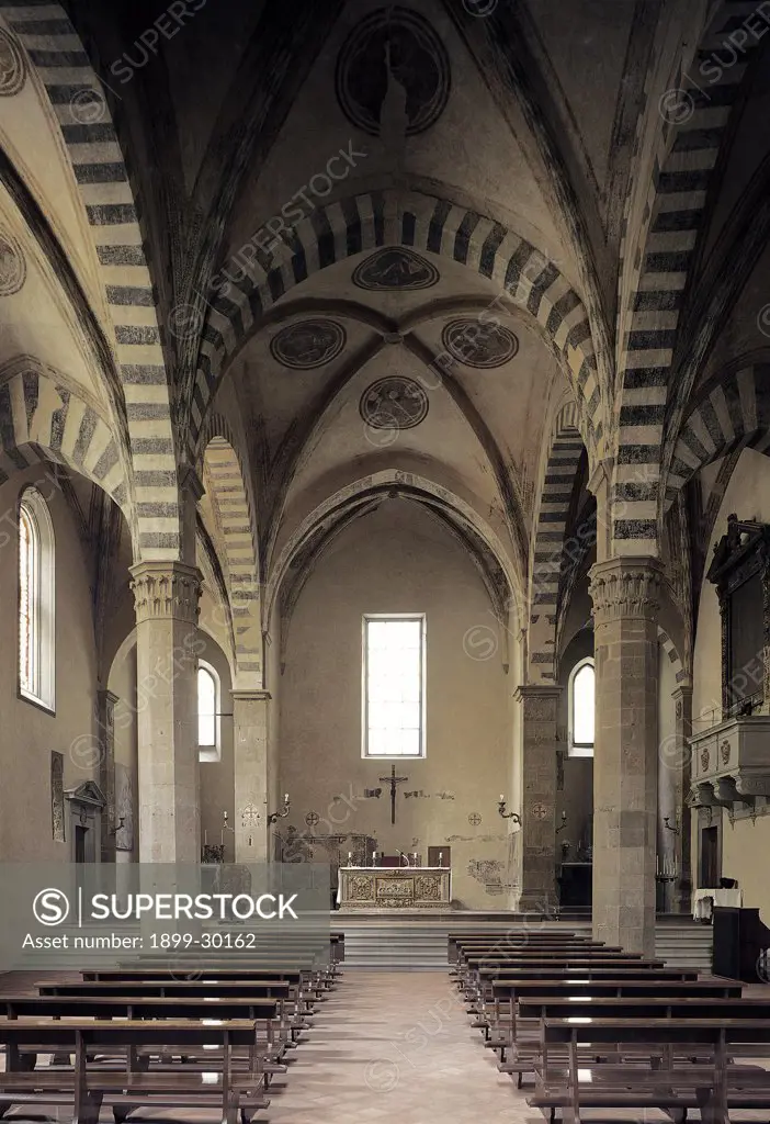 San Remigio Church, by Unknown, 11th Century, Unknow. Italy, Tuscany, Florence, San Remigio church. Church interior nave altar windows pews cross-vaulting rib rounded arches pavement marbles.