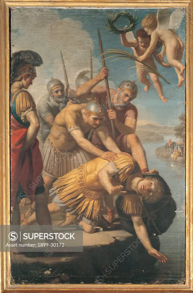Martyrdom of St Secundus, by Tofanelli Stefano, 18th Century, oil on canvas. Italy, Umbria, Gubbio, Perugia, San Secondo church. Whole artwork. Martyrdom of St Secondus. Soldiers legionaries armor: cuirass helmet shield lances: spears river angels putti palm crown martyrdom sky clouds.
