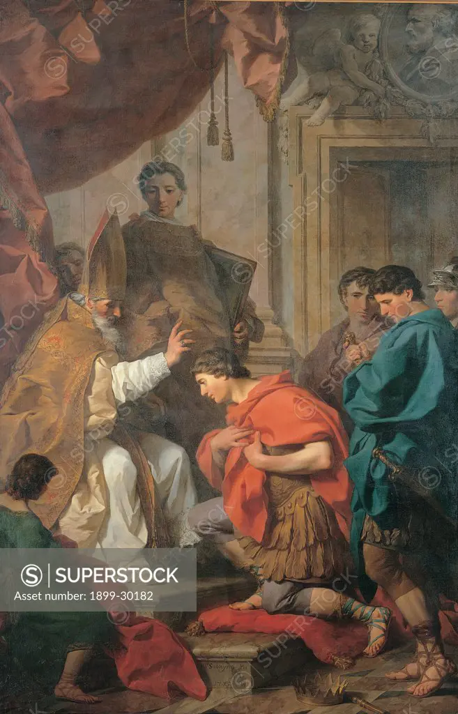 St Ambrose Converts Theodosius, by Subleyras Pierre, 18th Century, oil on canvas. Italy, Umbria, Perugia, National Gallery of Umbria. Whole artwork. St Ambrose bishop conversion Theodosius emperor historical event Milan interior 18C setting.