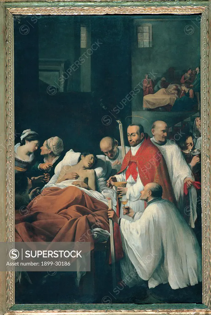 St Carlo Borromeo Celebrates the Eucharist for Victims of the Plague, by Saraceni Carlo, 17th Century, tela. Italy, Emilia Romagna, Cesena, Forli, Servi church. Dying man priests St Carlo plague victim sick man men women bystanders onlookers bed bedside group interior room windows door gilt wooden altarpiece.