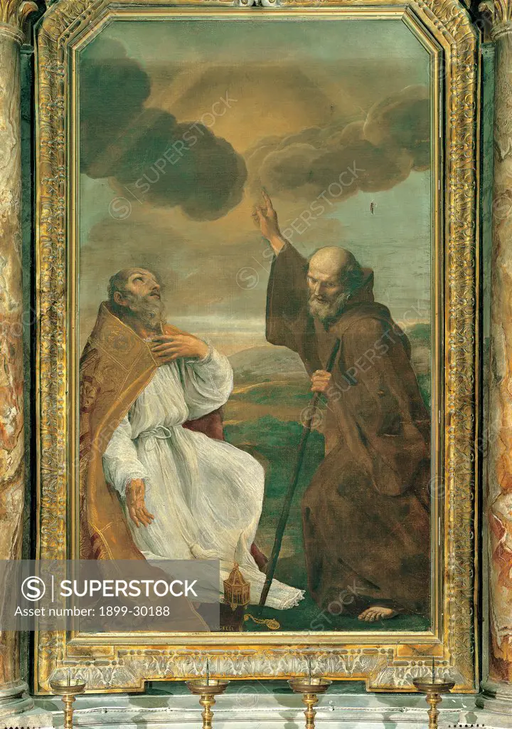 St Francis of Sales and St Francis of Paola, by Sacchi Andrea, 1640, 17th Century, oil on canvas. Italy, Marche, Camerino, Macerata, Santa Maria in Via Church. Whole artwork. Encounter: meeting saints St Francis of Sales St Francis of Paola Franciscan monk friar habit: tunic stick staff cope cloak: mantle surplice censer sky clouds rays of sun foreshortened view hills cornice frame gold.