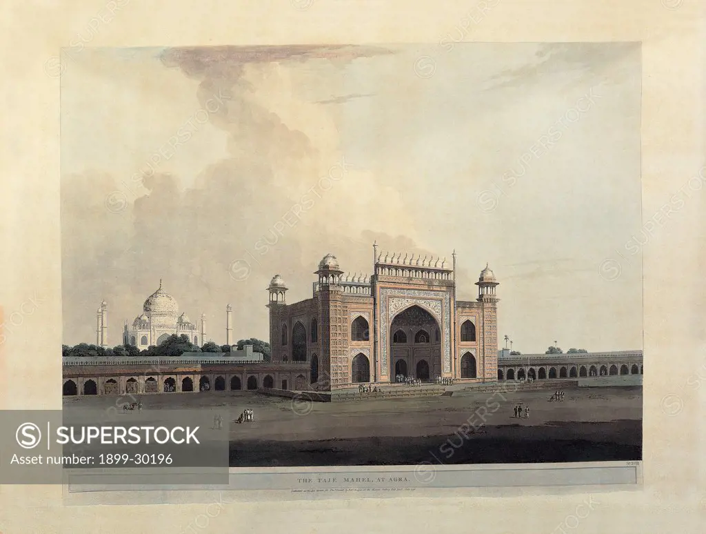 Aquatint from ""Oriental Scenery"", by Daniell Thomas, Daniell William, 1795, 18th Century, aquatint. Italy, Lombardy, Milan, Braidense National Library. Whole artwork. Agra-Taj Mahal, entrance: gate. View landscape India walls level ground: flat ground gate: entrance gate arch towers tomb: grave mausoleum dome small figures believers visitors brown tones ocher white.