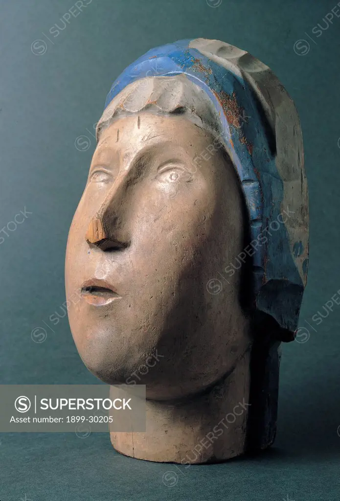 Head of Madonna, by Martini Arturo, 1928, 20th Century, polychrome wood. Italy, Lombardy, Milan, private collection. Whole artwork. Turned head Madonna face oval cloth covering headgear wood carving white blue.