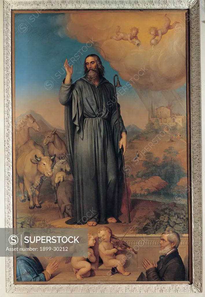 St Anthony Abbot with donors of the Botti family, by Razzetti Giuseppe, 1850, 19th Century, oil on canvas. Italy, Lombardy, Levata, Mantua, Parish Church. Whole artwork. St Anthony Abbot monk friar habit: tunic bell stick staff oxen sheep clouds cherubs: putti jugs angels musicians landscape fire rain donors husband wife half-bust profile brown blue black.