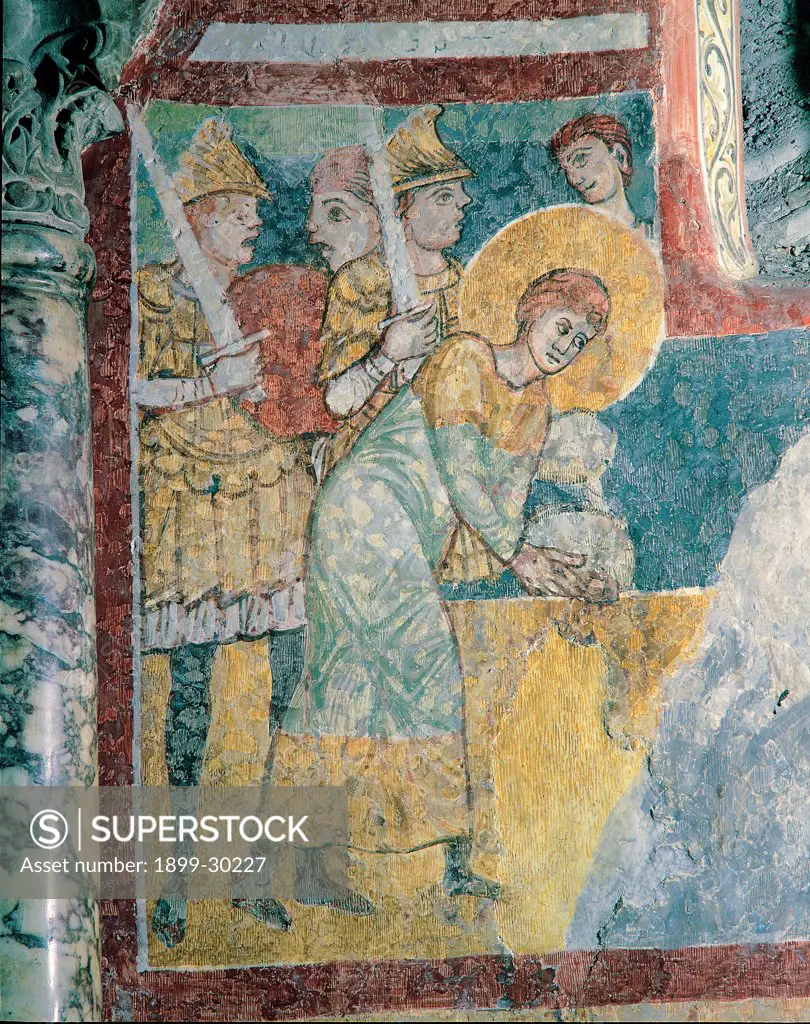 Stories from the Life of St Justin, by Unknown, 13th Century, fresco. Italy, Friuli Venezia Giulia, Trieste, San Giusto Cathedral. Detail. Martyr saint St Justin martyr hands rope halo: aureole tunic: habit soldiers armor: cuirass swords gladius border panel green red yellow blue.
