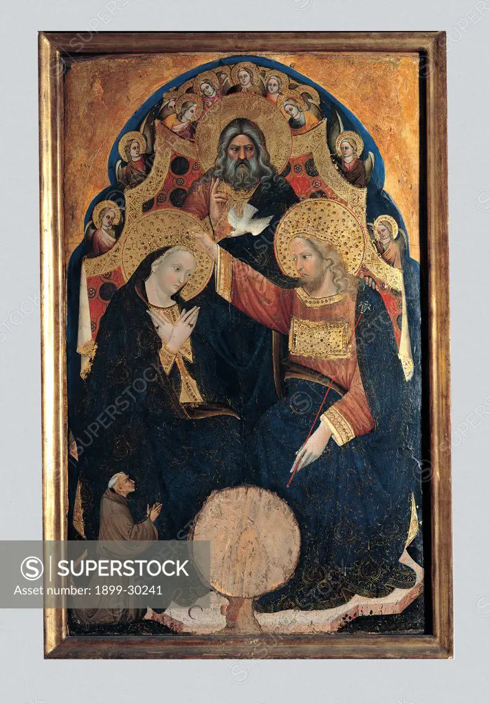 Coronation of the Virgin, by Nicolo di Pietro, 14th Century, tempera on board with golden background. Italy, Lazio, Rome, National Gallery of Ancient Art. Whole artwork. Panel of altarpiece with coronation of the Virgin by Jesus Christ second floor in the upper corner Almighty God third floor theory of angels.