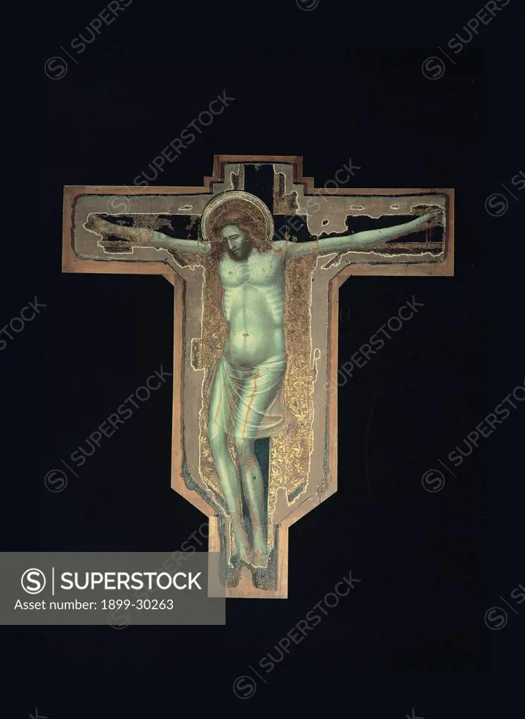 Crucifix, by Giovanni Barrile Master, 1331, 14th Century, tempera and oil on panel. Italy, Campania, Caserta, Teano, Cathedral. Full view. Cross Crucifixion Jesus Christ brown black white gold.