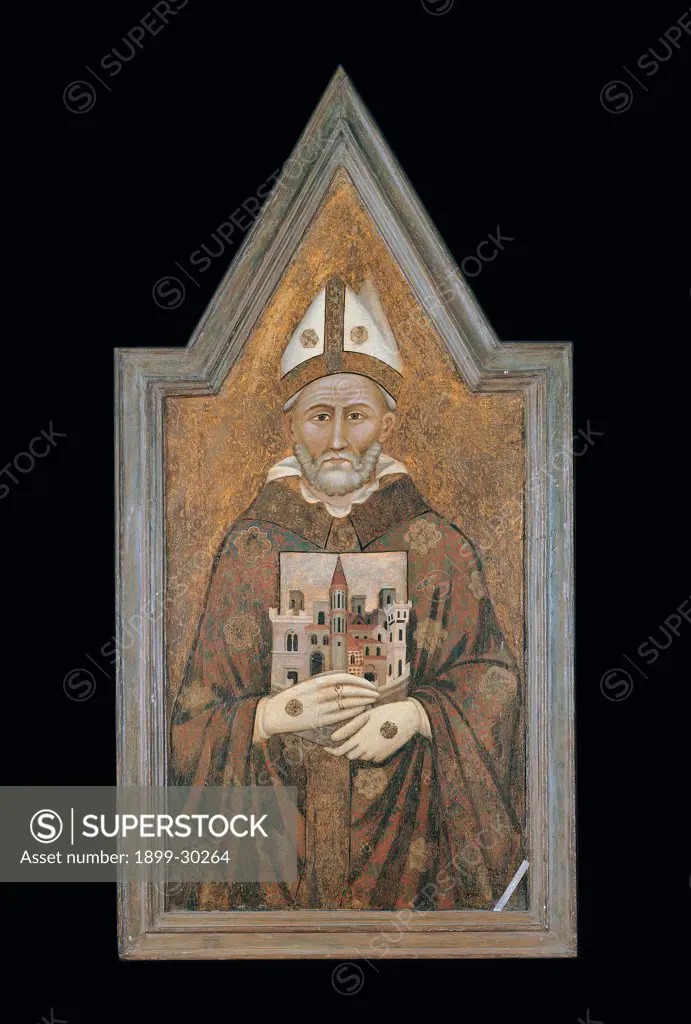 St Herculanus, by Maestro dei Dossali di Montelabate, 14th Century, wood. Italy, Umbria, Perugia, National Gallery of Umbria. Full view. Portrait St Herculanus bishop beard mitre gloves model of a town white gold red orange brown.