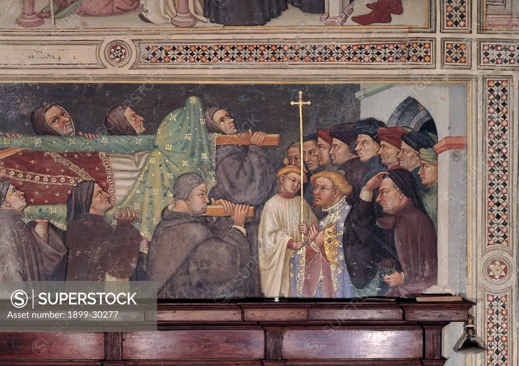 Stories of St Augustine, by Nelli Ottaviano, 1422, 15th Century, fresco. Italy, Umbria, Gubbio, Perugia, San Secondo church. Detail. Procession transport funeral body St Augustine men habit: tunic monks officiant planet cleric cross astylar green white gray black gold.