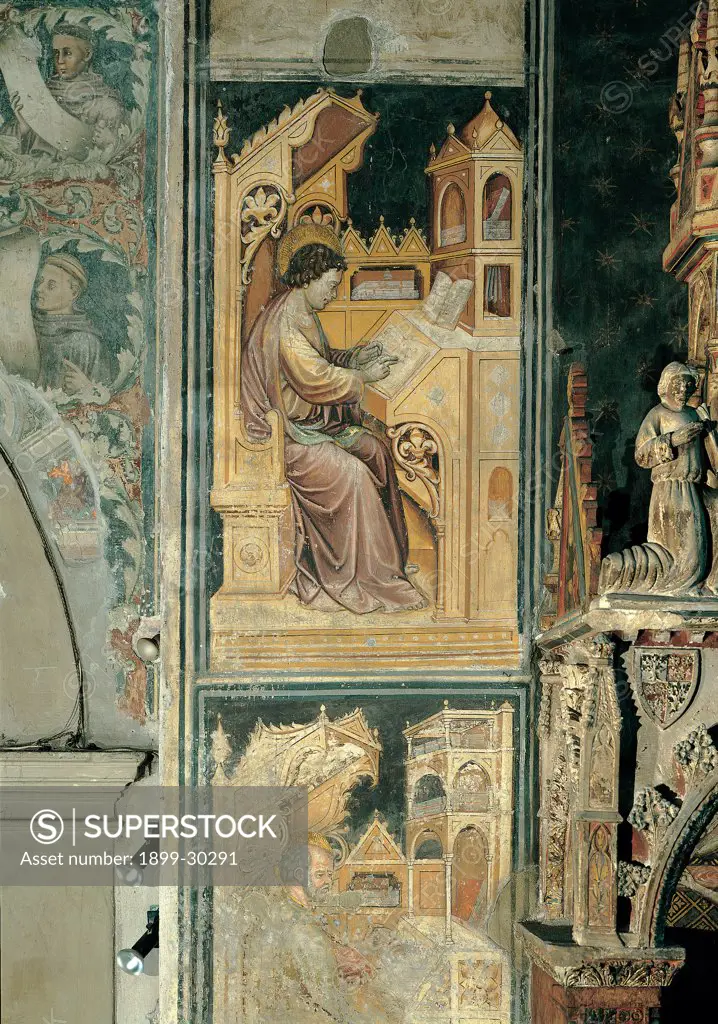 Pulpit, by Martino da Verona, 1396, 14th Century, sculpture, marble and fresco. Italy, Veneto, Verona, San Fermo Maggiore Church. Whole artwork. Doctor man saint bookstand study desk books consoles seat.
