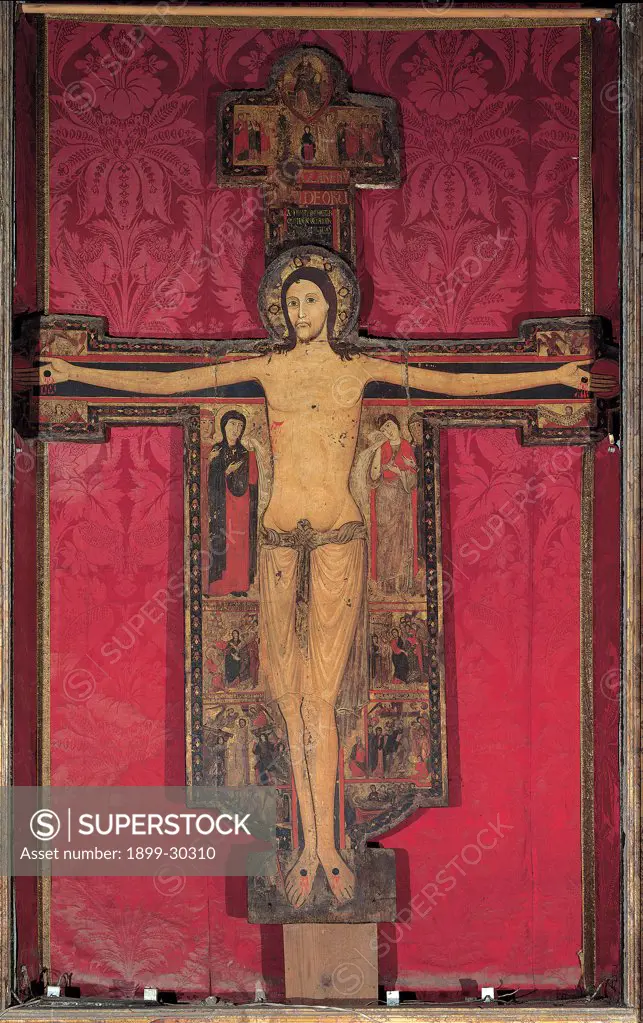 Crucifix, by Guglielmo, 1138, 12th Century, canvas. Italy, Liguria, Sarzana, La Spezia, Cathedral. Whole artwork. Cross Crucifix Crucifixion Jesus Christ loincloth naked sentence sacrifice martyrdom episodes life of Christ Madonna Holy Virgin Mary mother Kiss of Judah three Maries at the Sepulcher Meeting on the Way to Golgo.