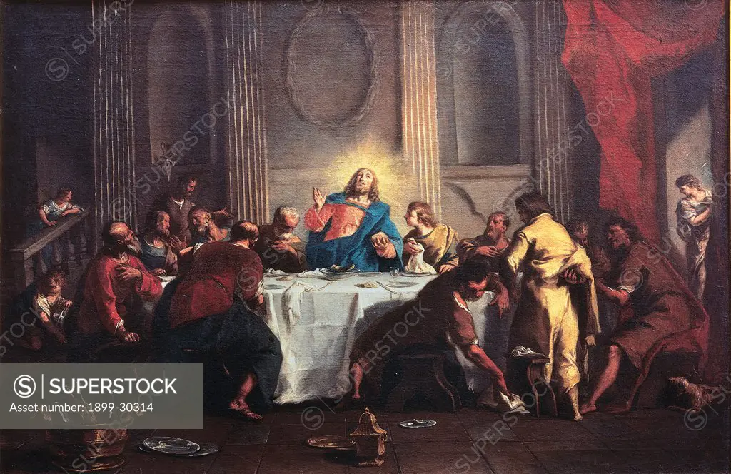 Last Supper, by Grassi Nicola, 18th Century, tela. Italy, Sicily, Augusta, Siracusa, Zoccolanti church. Whole artwork. Last Supper Jesus disciples guests table dishes curtains dining room door attendants men women basket architectural divisions niches balustrade pilaster strips speech light.