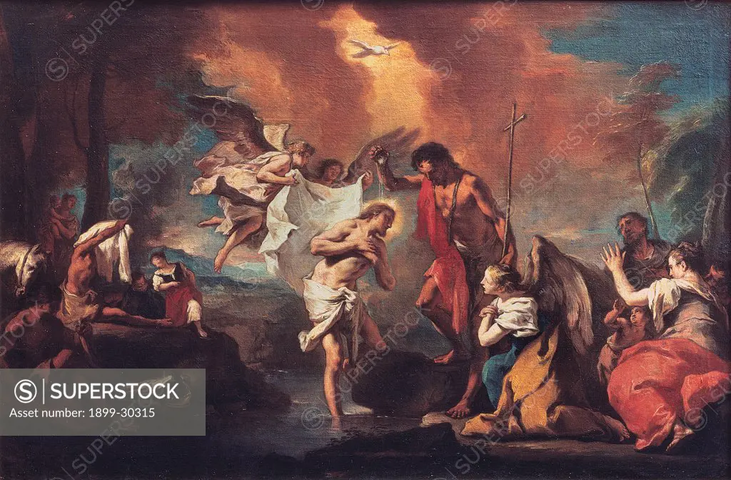 Baptism of Christ, by Grassi Nicola, 18th Century, tela. Italy, Sicily, Augusta, Siracusa, Zoccolanti church. Whole artwork. Baptism Jesus St John the Baptist men women onlookers: bystanders angels light colors clouds crucifix trees animal horse landscape river Jordan Christian rite.