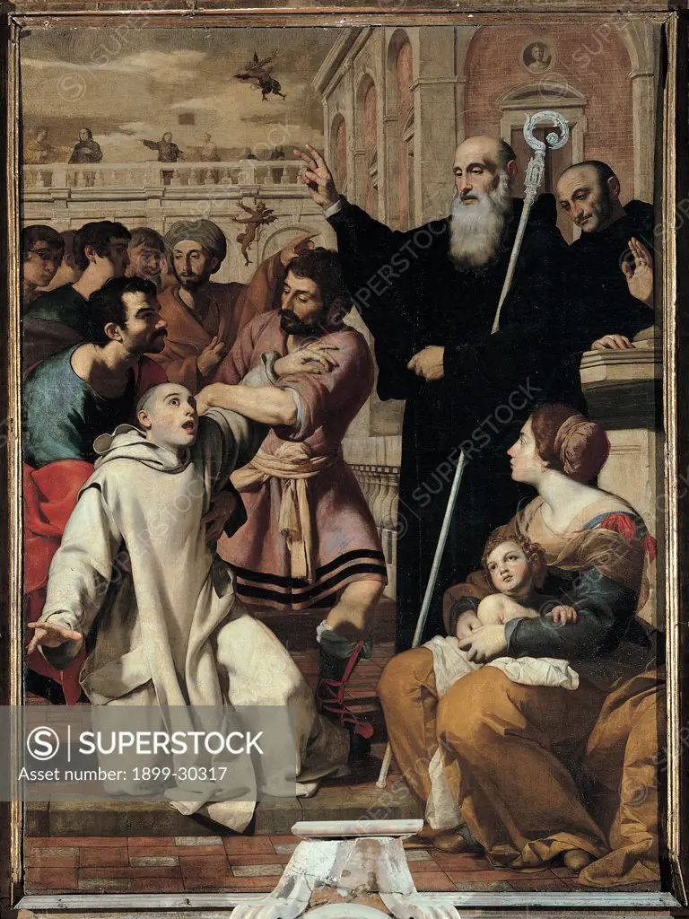 St Benedict Delivering a Monk from the Devil, by Guarino Francesco, 17th Century, tela. Italy, Molise, Campobasso, Sant'Antonio Abate church. Whole artwork. Episode life St Benedict miracle friar possessed monk exorcism pastoral staff habit: tunic onlookers: bystanders woman child: baby mother men buildings architectural divisions.