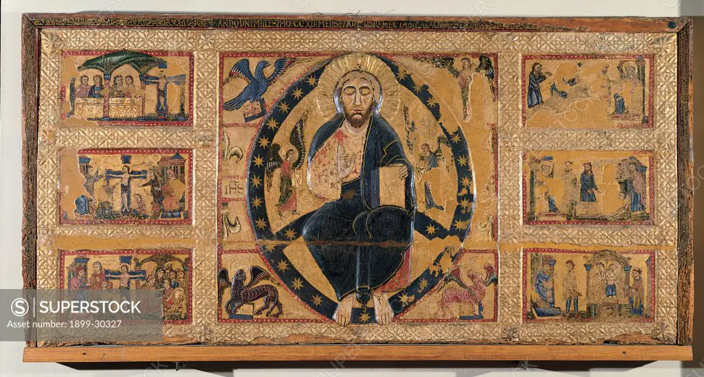 The Saviour Blessing, by Master of/from Tressa, 1215, 13th Century, Dossale d'altare. Italy, Tuscany, Siena, National Gallery of Art. Whole artwork. Saviour: Redeemer Jesus Christ blessing life stories episodes evangelists symbols lion ox man eagle gold tiles Holy Scriptures.