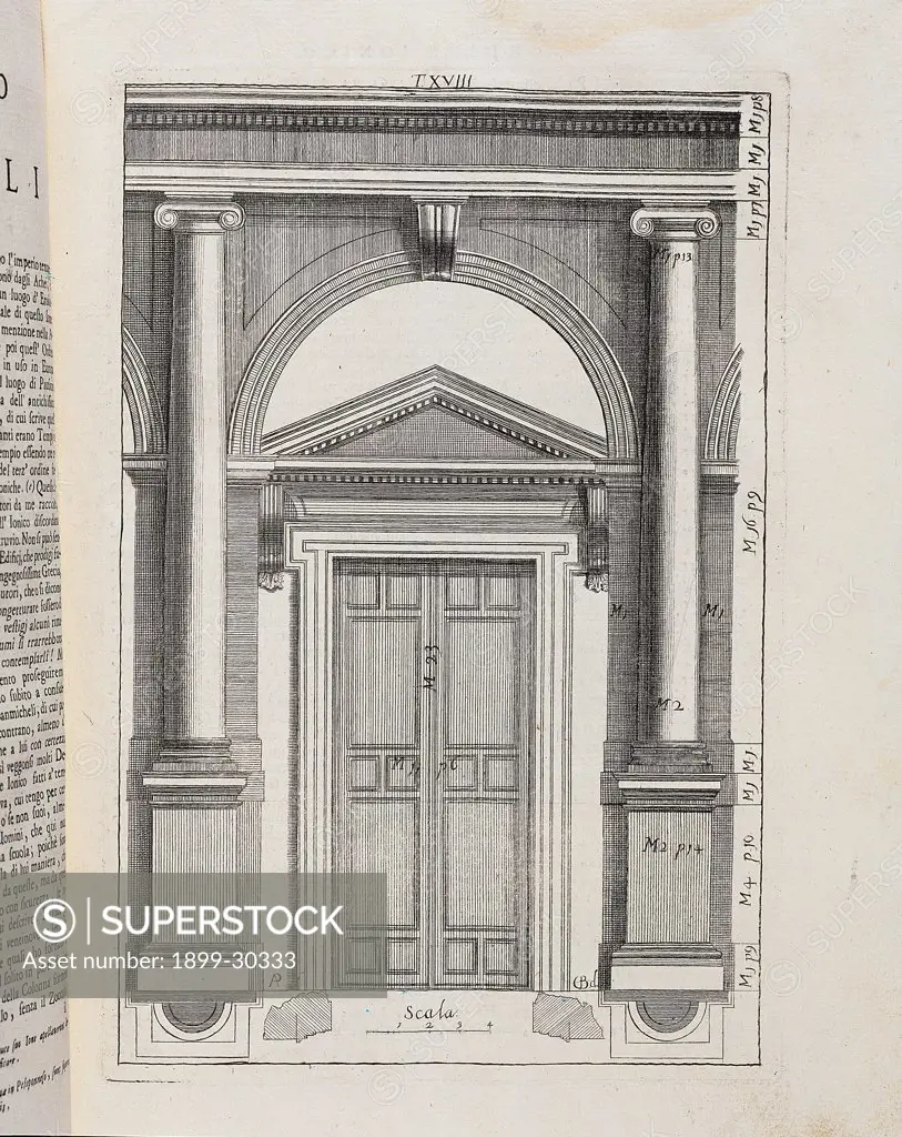 Illustration of the Ionian order by Sanmicheli, by Pompei Alessandro, 1735, 18th Century, Unknow. Italy, Lombardy, Milan, Braidense National Library. Whole artwork. Architectural drawing column base Ionian order tympanum: gable door bracket: console capital entablature.